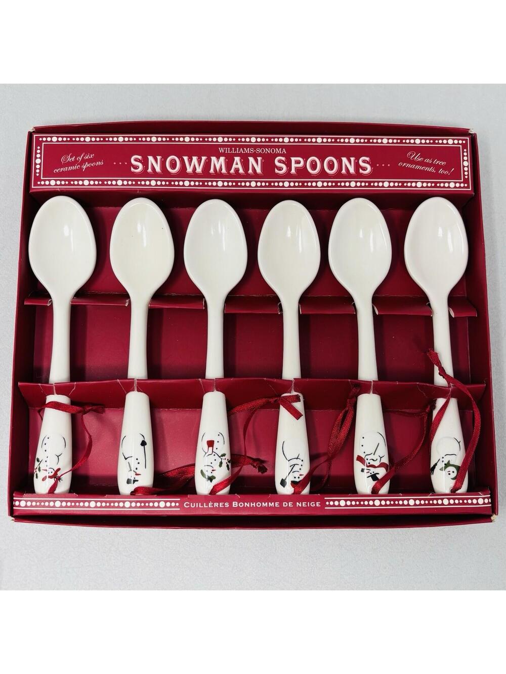 Williams Sonoma Snowman Spoons Ceramic VTG Hot Chocolate or Ornaments Set of 6